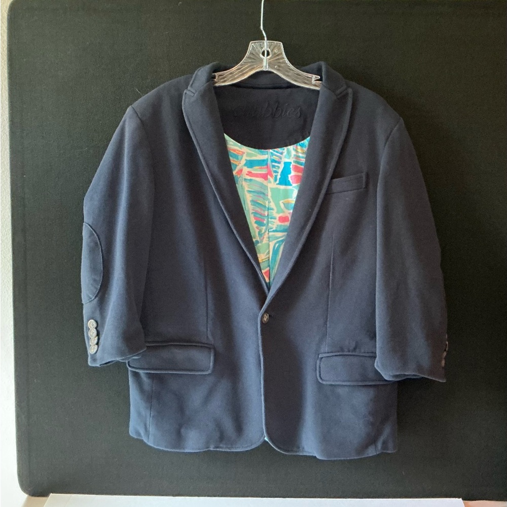 3/$10 - Chubbies Dark Blue Blazer with sailboat print Lining. Large.
